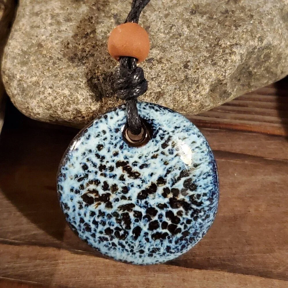 Handcrafted Artsy Circle Glazed Blue Black Porcelain Pendant Necklace